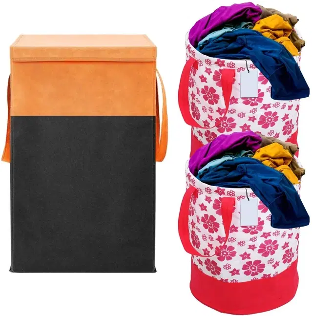 Canvas Laundry Basket,Orange & Pink,  (Pack Of 3)