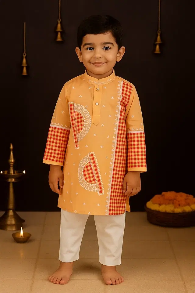 Cotton Printed Kurta with Payjama for Boys, Yellow & White (0-6 Months)