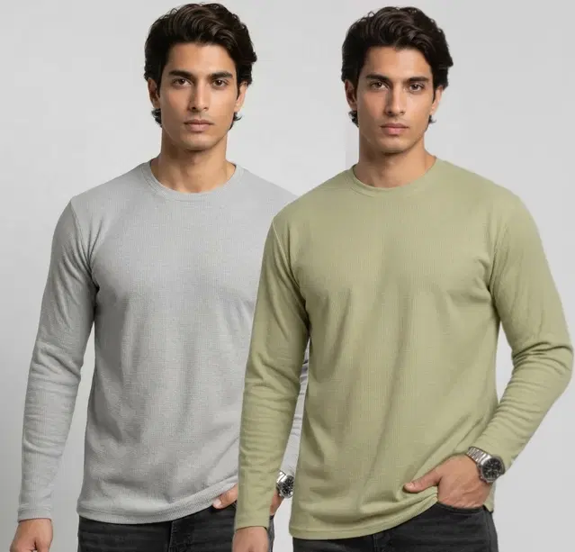 Polyester T-shirt for Men, Grey & Pista, Pack of 2 (M)