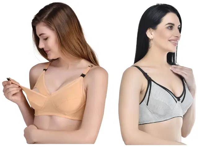 Cotton Blend Solid Non Padded Feeding Bras for Women, Pack of 2 (Multicolor, 32)