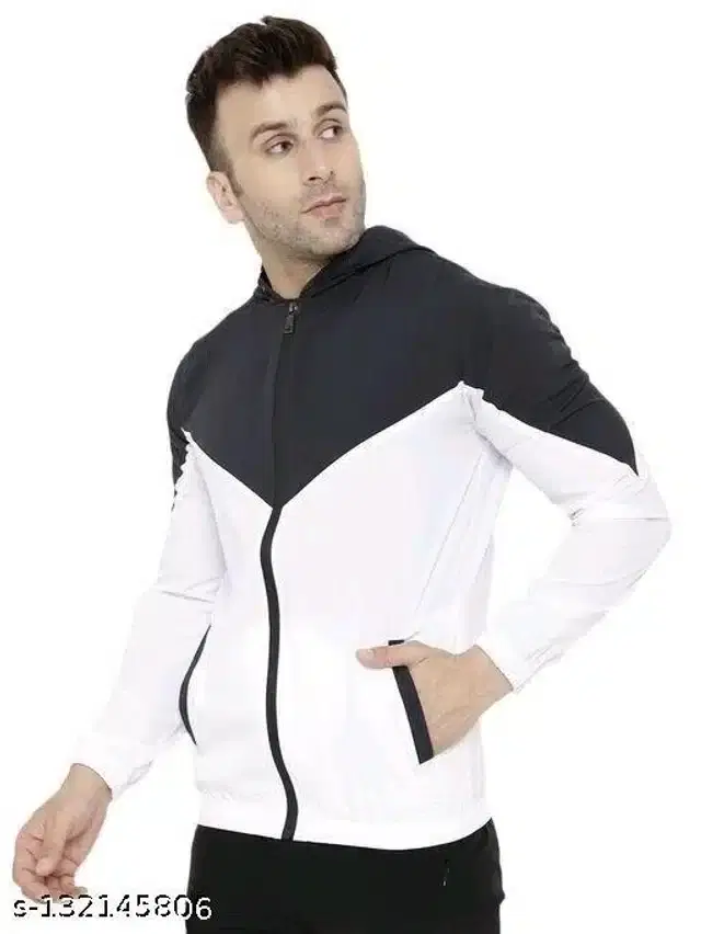 Polyester Full Sleeves Colorblocked Jacket for Men (Black & White, L)