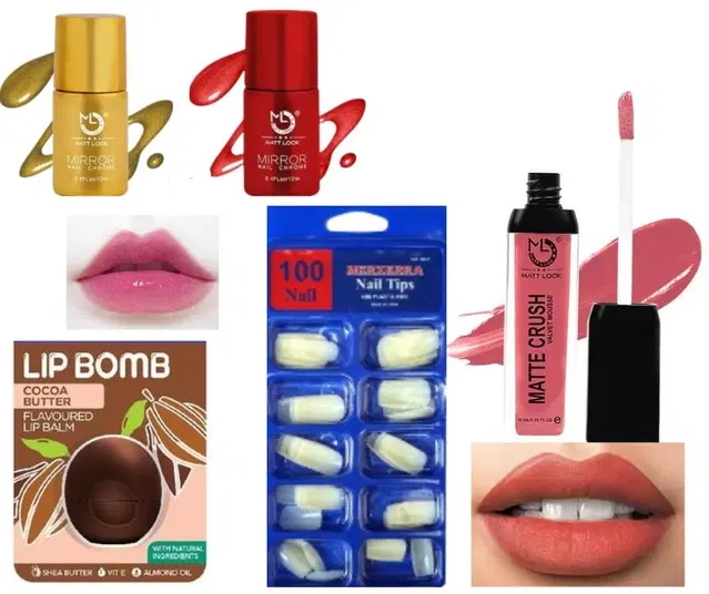 Combo of Mirror Nail Chrome Polishes, 2 Pcs with Lip Balm, 100 Pcs Nail Extensions & Matte Crush Lipstick, Multicolor, Set of 5
