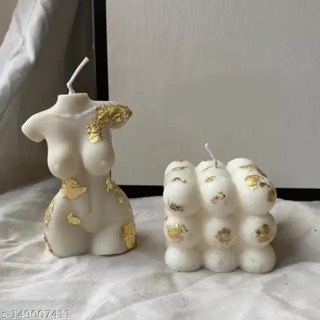 Women Torso & Big Bubble Shaped Candles, Cream, Set of 2