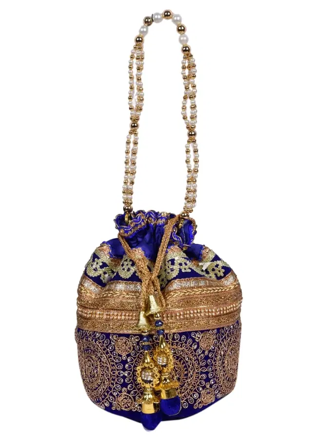 Silk Floral Ethnic Rajasthani Traditional Work Potli with Handle for Return Gifts, Royal Blue & Gold
