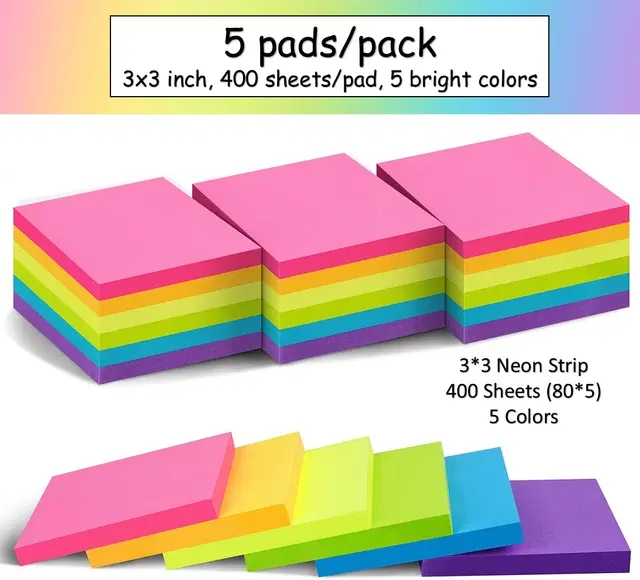 Paper Neon 80 Pcs Sticky Notes, Multicolor, 3x3 inches, Pack of 5