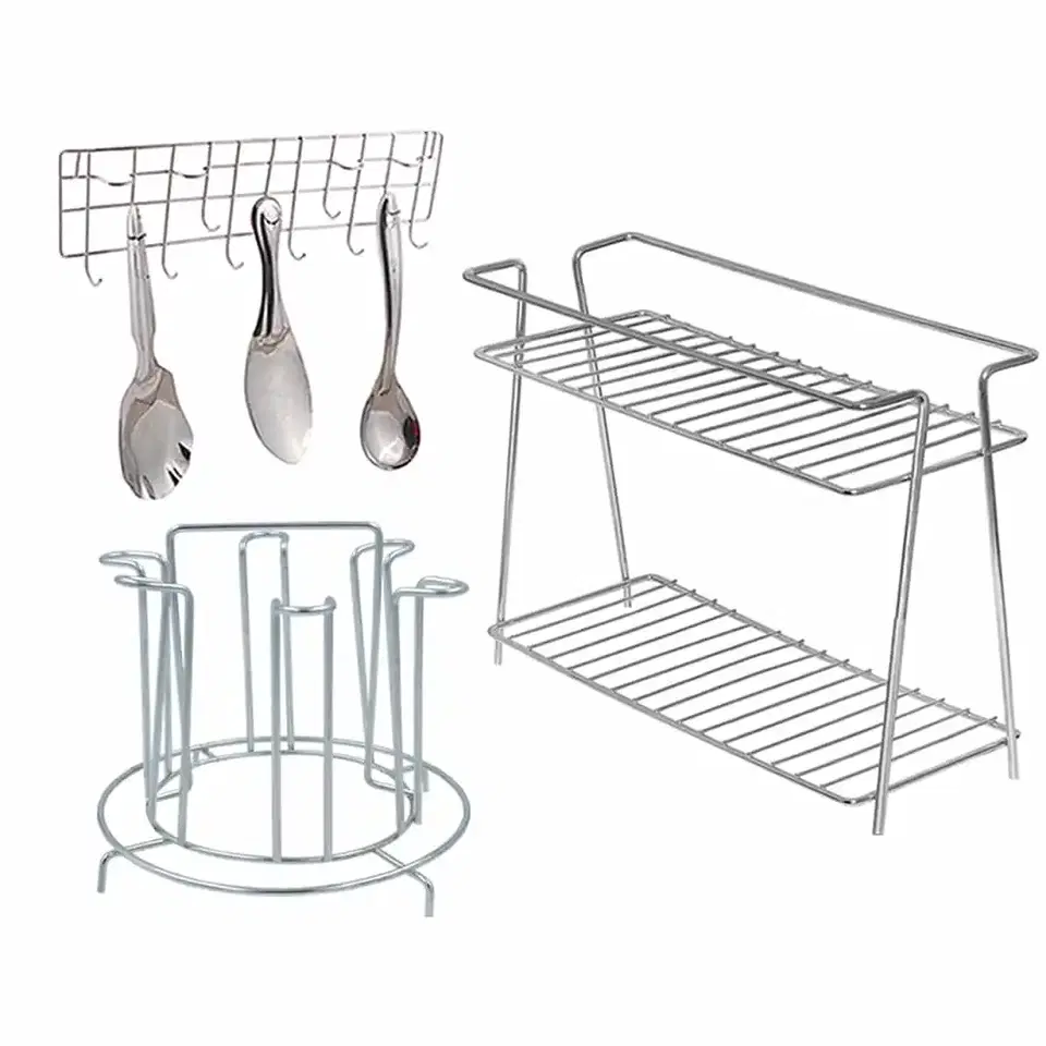 Oc9 Stainless Steel Spice Rack 2 Shelf & Glass Stand & Wall Mounted Ladle Hook Rail For Kitchen