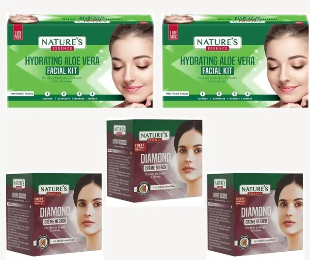 Combo fo Nature's Essence 2 Pcs Hydrating Aloe Vera Facial Kits, 20 g with 3 Pcs Diamond Bleach Cream, 21 g, Set of 5