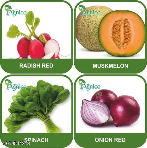 4 Vegetable Seeds Combo With Instruction Manual(Radish Red/Muskmelon/Spinach/Onion Red)
