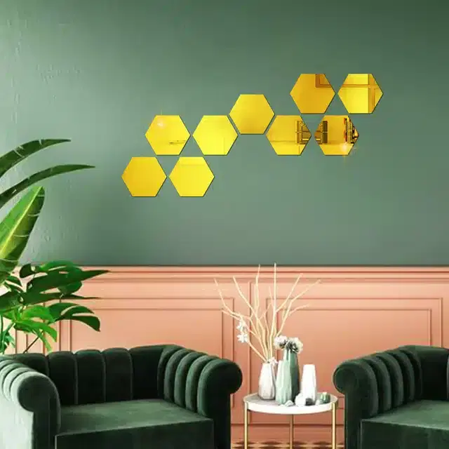 Acrylic Hexagon Shaped Wall Mirror Stickers, Gold, Pack of 9