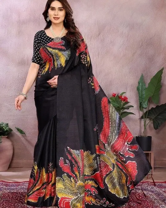 Mysore Silk Printed Saree for Women (Black, 6.3 m)