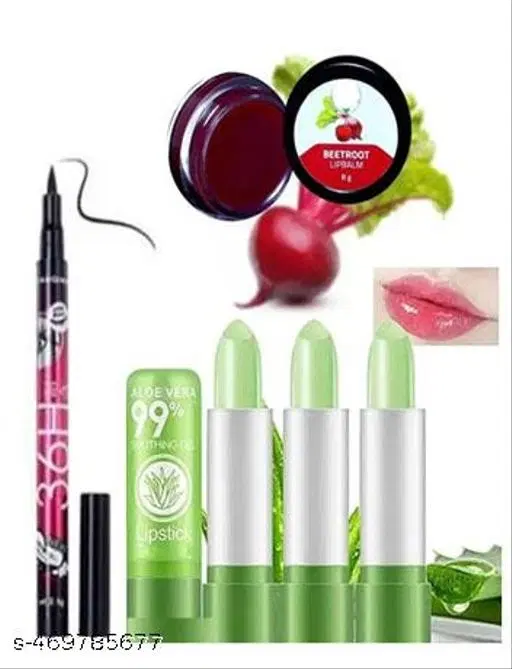 Aloe Vera Lip Balm 3 Pc With 36h Eyeliner & Beetroot Lip Balm Pack Of 5 Pc