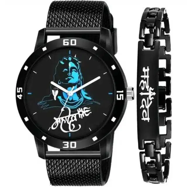 Casual PU Analog Watch With Bracelet Men, Pack Of 2 (Black) (MP-403)