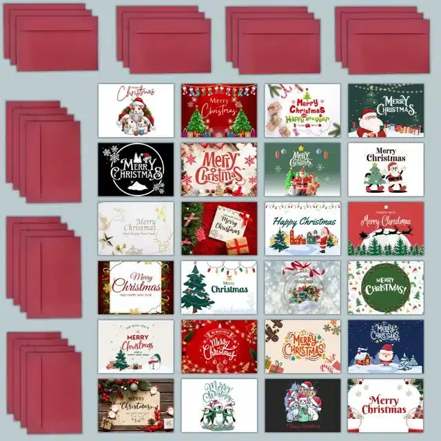 Merry Christmas Printed Cards with Envelopes, Multicolor, Set of 24