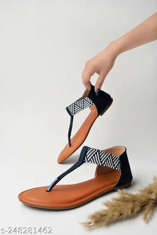 Synthetic Open Toe T- Strap Flats for Women (Blue, IND-7)