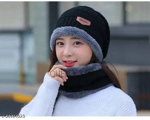 Woolen Cap with Neck Warmer for Women, Set of 1 (Multicolor)