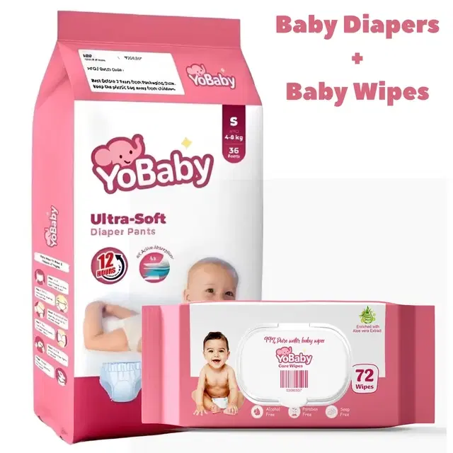 YoBaby Diaper Pants S - 36 Pcs + YoBaby Baby Wipes With Lid - 72 Wipes