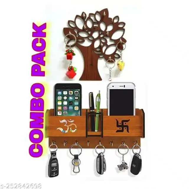 Wooden Mobile Holder with Key Holder, Brown, Set of 2