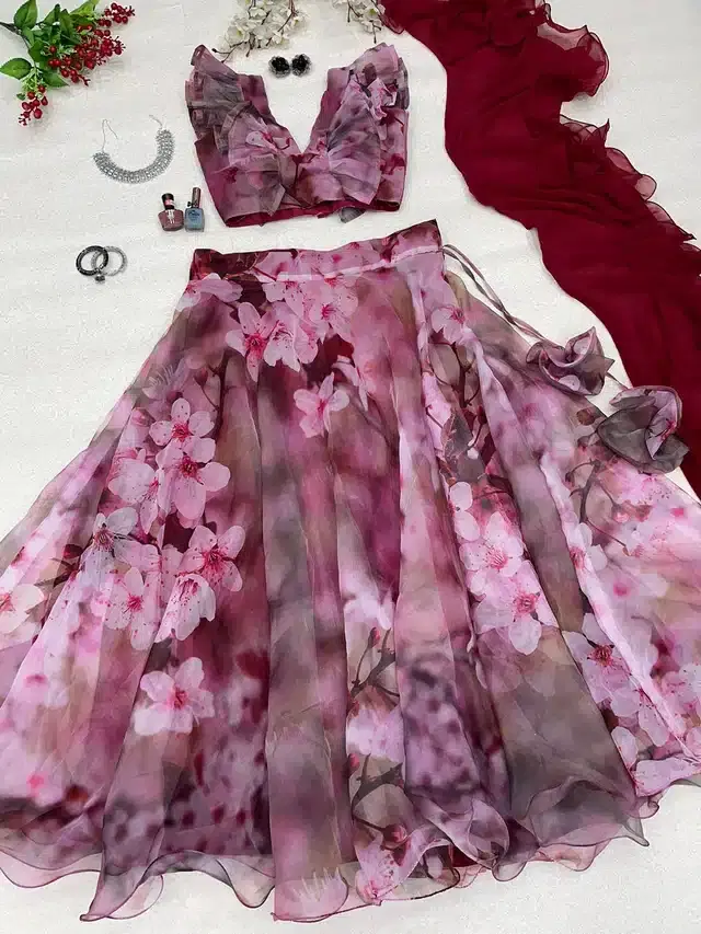 Organza Semi Stitched Lehenga Choli for Women (Maroon, Free Size)