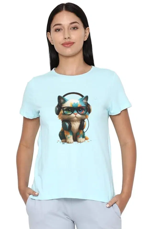 Cotton Blend Printed T-shirt for Women, Aqua Blue (XL)