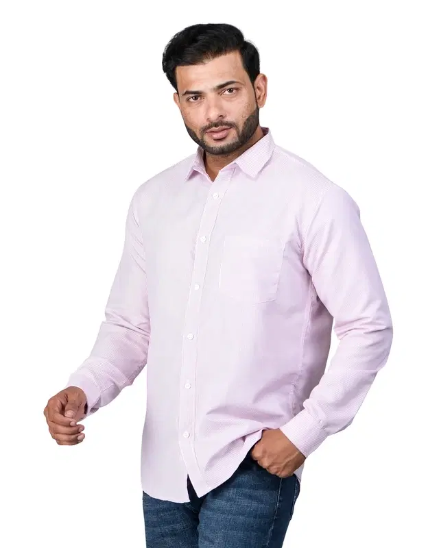 Poly Cotton Full Sleeves Striped Shirt for Men, Pink (L)