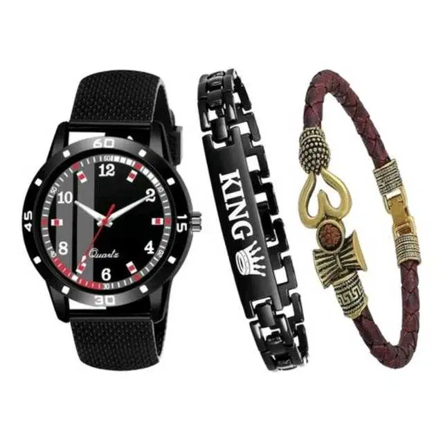 Casual PU Analog Watch With Bracelet Men, Pack Of 3 (Black) (MP-452)