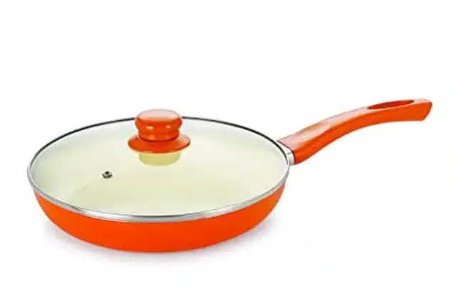Nirlon Aluminium Frying Pan with Glass Lid, Orange, 1.5 L