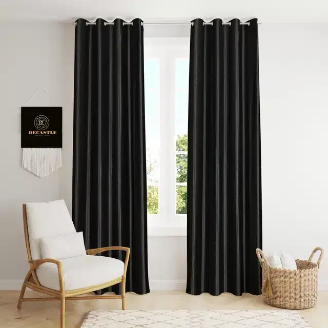 Polyester Curtains for Window & Door, Black, 5 feet, Pack of 2