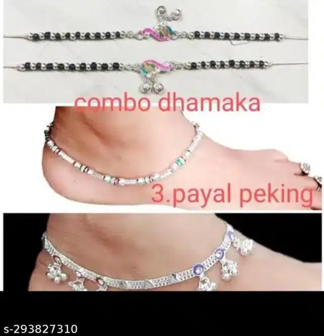 Stainless Steel Anklets for Women, Set of 3 (Silver & Black)