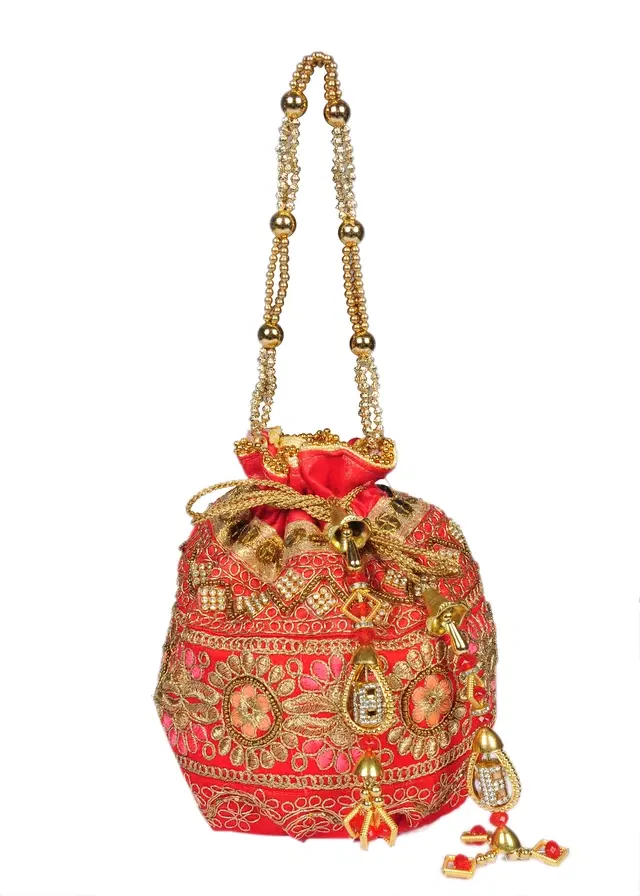 Silk Floral Ethnic Rajasthani Traditional Work Potli with Handle for Return Gifts, Orange