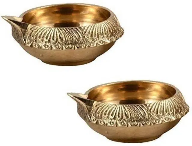 Heaven Decor Small Brass Diwali Kuber Diya Oil Lamp For Puja, Pack of 2, A027