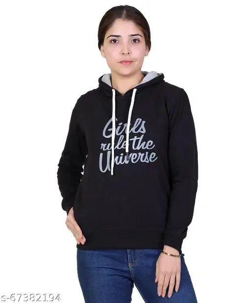 Cotton Blend Printed Hoodie for Women (Black, L)