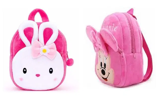 Heaven Decor Naughty And Minnie Velvet Soft Plus Kidds School Bag Combo, A069