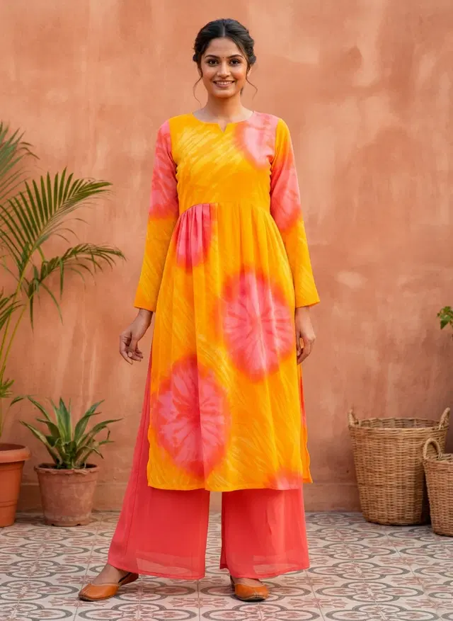 Tie Die Batik Print Naira Kurti for Women (Yellow, XS)