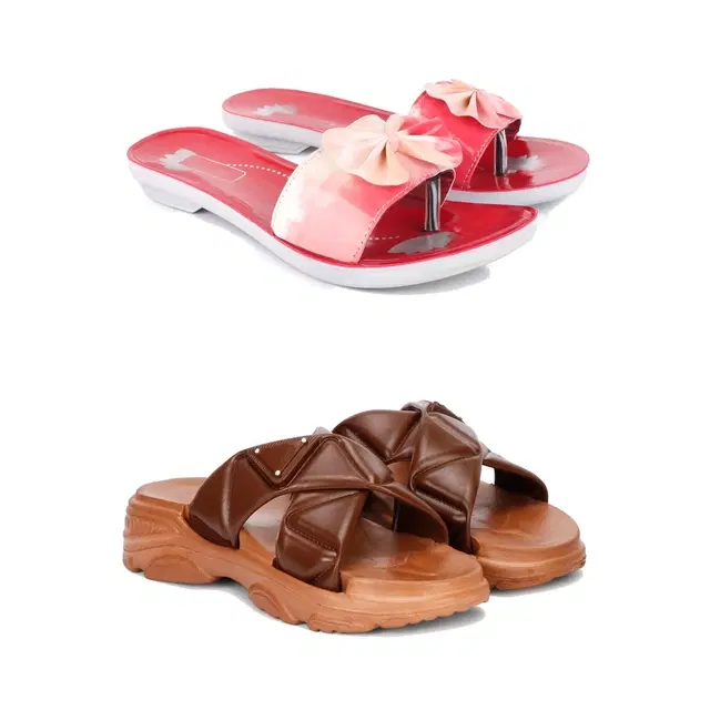 Combo of Sliders & Flats for Women, Set of 2 (Multicolor, 7)
