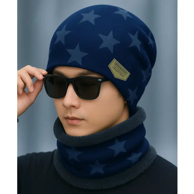 Woolen Fur Winter Cap with Neck Warmer for Men, Navy Blue & Grey (Free )