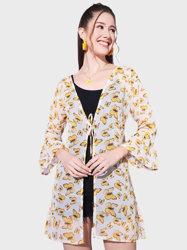 Georgette Printed Shrug for Women (Yellow, S)