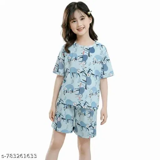 Night Suit for Girls (Aqua Blue, 3-4 Years)