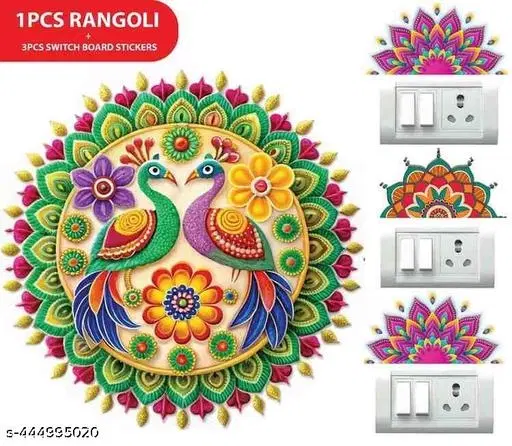 Combo of Rangoli Sticker, 32x32 cm & 3 Pcs Switch Board Stickers, Multicolor, Set of 2