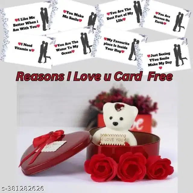 Cotton Heart Shape Gift Box Teddy Bear & Roses, White & Red