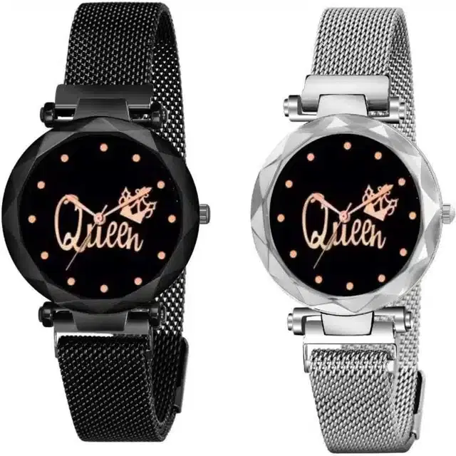 Women's Analog Watches, Pack of 2 (Black & Silver)