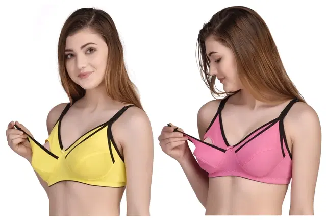 Cotton Blend Solid Non Padded Feeding Bras for Women, Pack of 2 (Multicolor, 2XL)