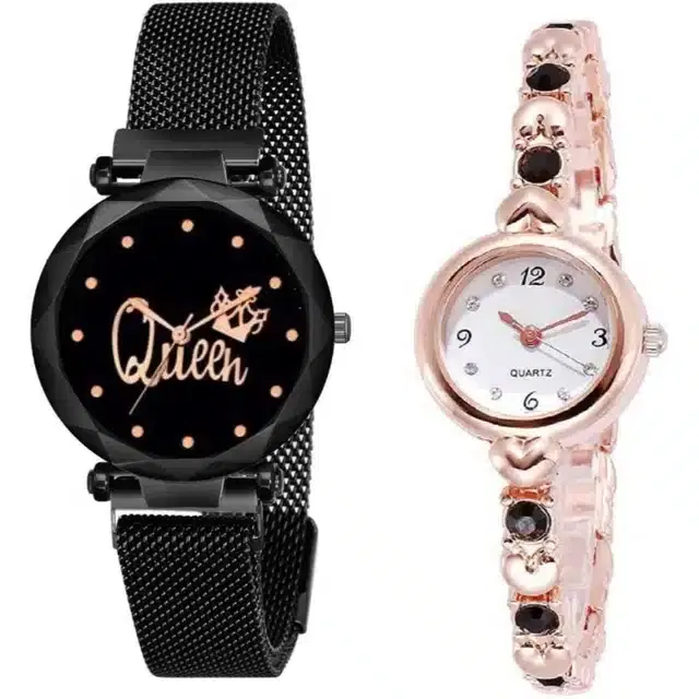 Women's Analog Watches, Pack of 2 (Black & Rose Gold)