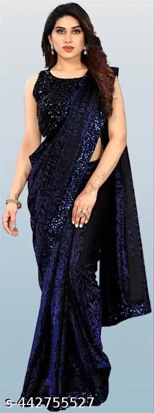 Lycra Sequence Saree for Women (Navy Blue, 6.3 m)