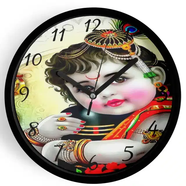 Analog Lord Krishna Wall Clock for Home, Black, 7 Inches