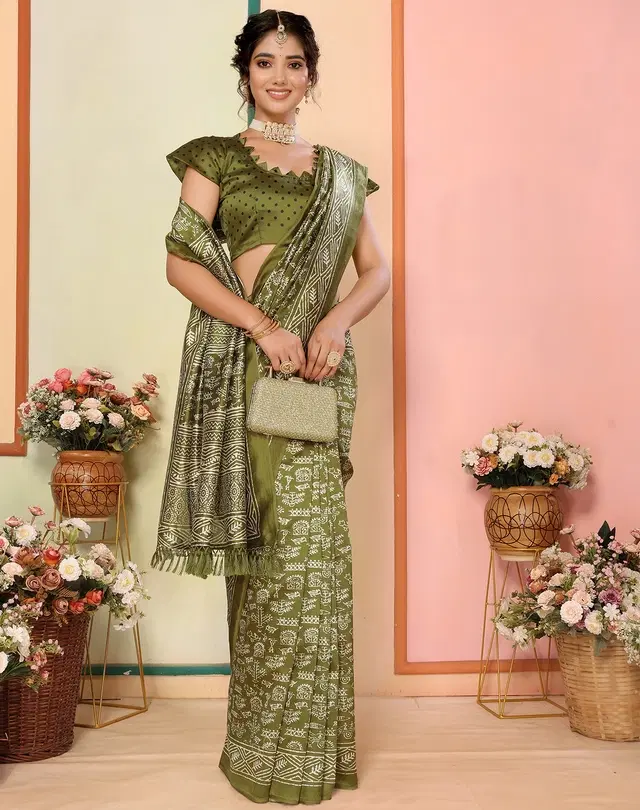Assam Art Silk Saree for Women (Mahendi, Free Size)