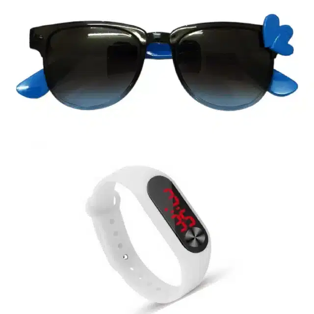 UV Protected Sunglass with Digital Watch for Boys & Girls, Set of 2 (Blue & White)