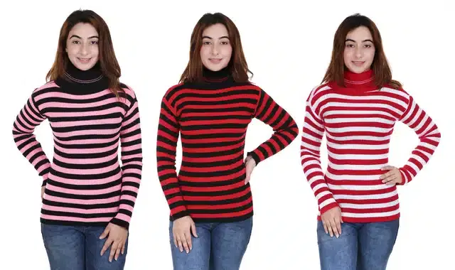 Full Sleeves Striped Sweater for Women, Pack of 3 (Multicolor, S)