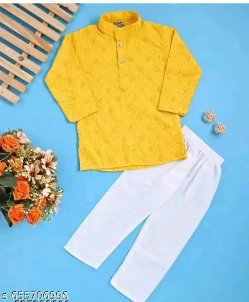 Floral Show Button Cotton Kurta Set for Boys (White, 5-6 Years)