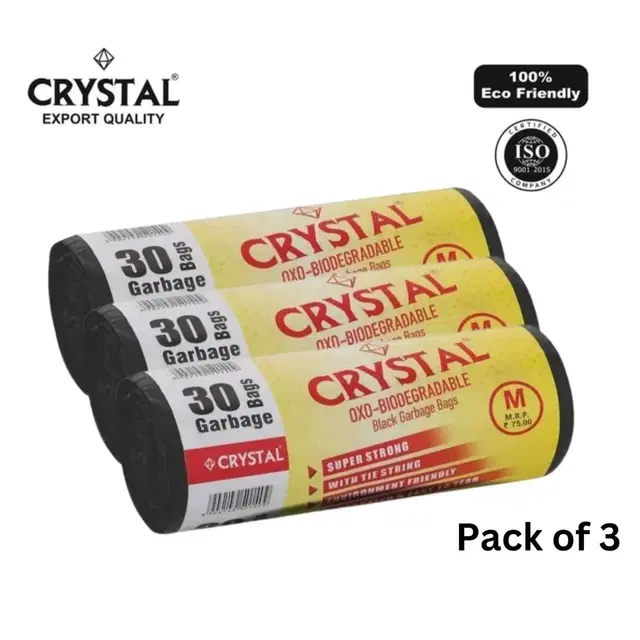 Crystal Garbage Bags 19 X 21 Inches (Medium Size) 30pcs (1 Rolls) Dustbin Bag/Trash Bag - Black Color (Pack of 3)