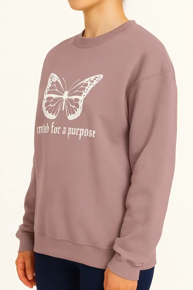 Women's Chest Print Long Sleeve Round Neck Hoodie, Mauve (M)